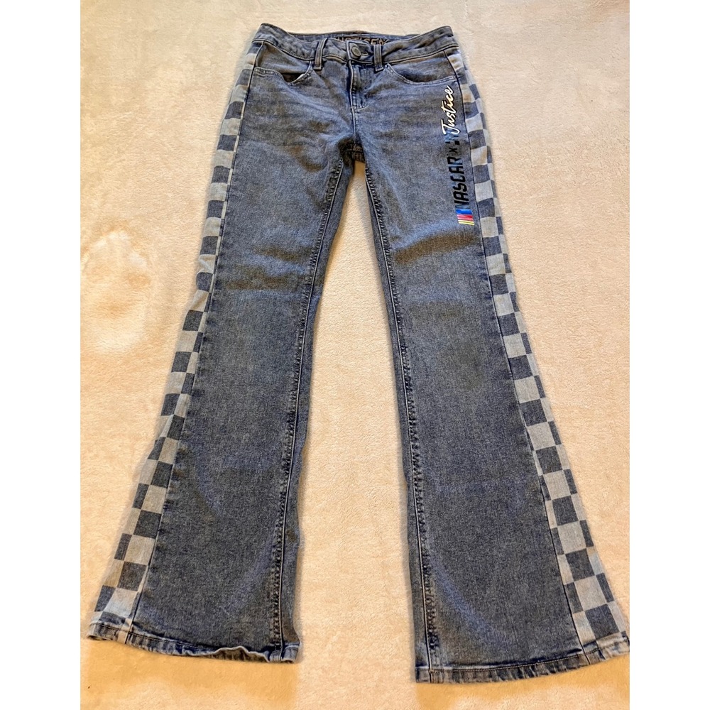 Justice NASCAR Flare Jeans Girls Size 14 Blue Checkered Side Stripe Racingcore